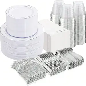 700 PCS Plastic Dinnerware Sets, Includes 100 Rim Dinner Plates, 100 Salad Plates, 100 Paper Napkins,100 Cups 9 OZ, 100 Plastic Silverware Set, Perfect For Party & Christmas & Picnic-Gold Disposable