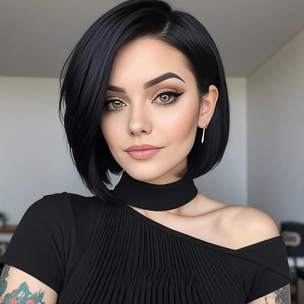 Synthetic Short Bob Wig with a 4X1 Lace Side Part, Designed for Women. This Straight Black Wig Is Heat Resistant And Suitable for Everyday Wear, Parties, Or Cosplay