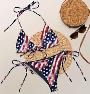 Stars and Stripes String Bikini: Recycled American Flag Swimsuit, Gift For Her, Summer Festival, 4th Of July Merch. Pool Party Oufit..