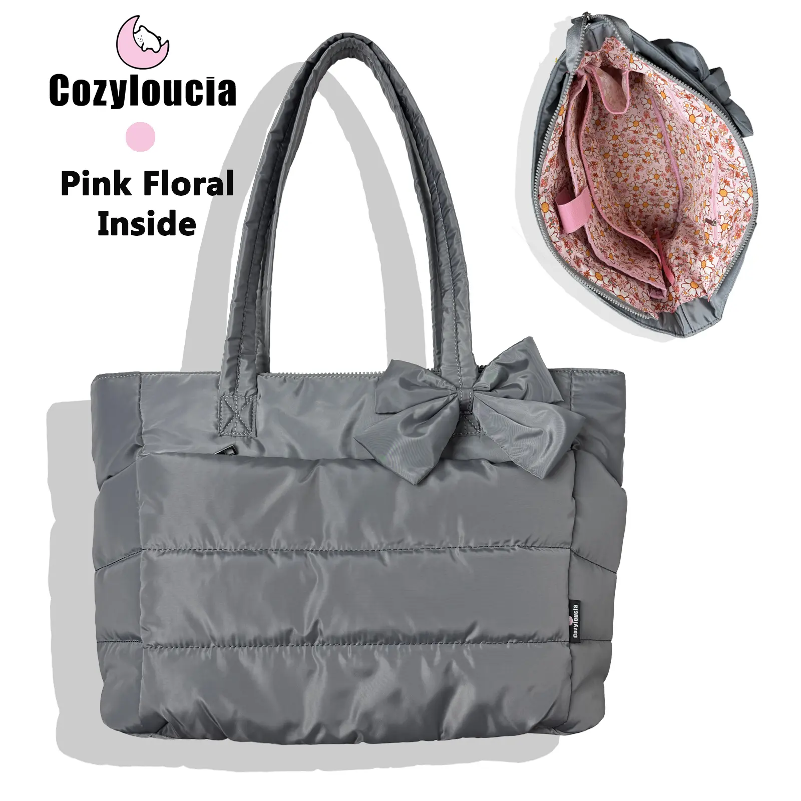 Grey - Pink Floral - Bow