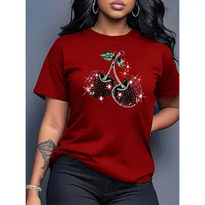 Women's Casual Short Sleeve T-Shirt, Shiny Cherry Pattern Print - Black Crew Neck Top, All-Season Wearable, Medium Stretch Machine Washable Fabric, Comfortable Fit Shirt
