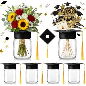 6 Sets 2026 Graduation Centerpieces for Tables, Mason Jar Centerpieces with Graduation Cap with Hole , Class of 2026 Table Decorations, Congrats Party Supplies for College High School