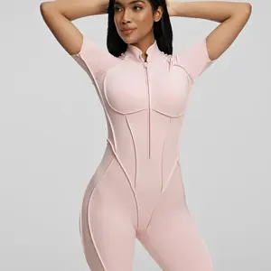 Freya Jumpsuits - Women's Short Sleeve Zipper Front Bodysuit in Soft Pink for Comfort and Style