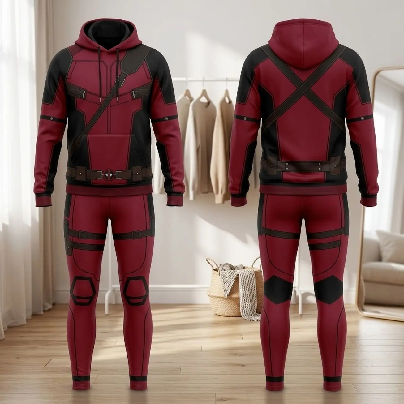 Red Tactical 3D Printed Hoodie Leggings Set, Comic Inspired Superhero Matching Outfit, Full Body Graphic Streetwear Suit Fabric Womenswear