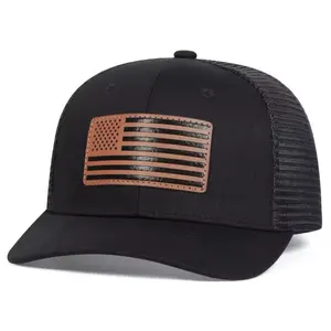 Unisex American Flag Leather Patch Trucker Cap Hat