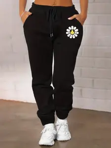Floral print Drawstring Pants, Comfort Fit Sweatpants for Spring & Fall, Women's Casual