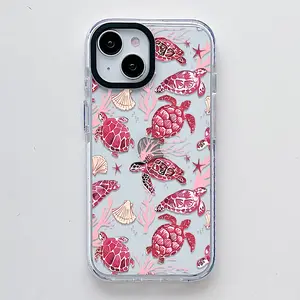 Pink Sea Creature Turtle Pattern , Scratch Resistant Shockproof Protective Cover TPU Clear Soft Phone Case for iPhone 16 15 14 13 12 11 Pro Max Plus
