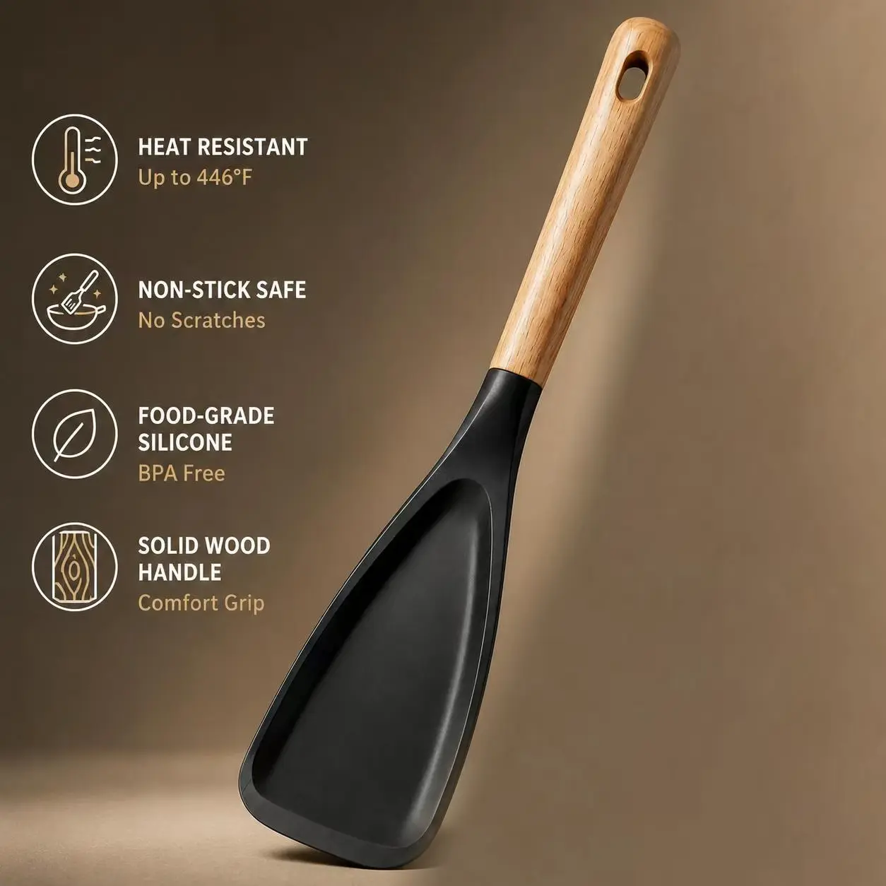 Silicone Cooking Spoon for Nonstick Cookware, Black, 1 Pack | Soft Silicone Head with Wood Handle for Stirring, Mixing, Scraping and Serving on Nonstick Cookware