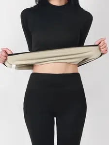 Women's Fall Winter Fleece Lined Warm Thermal Underwear Set, High Neck Comfortable Long Sleeve Top and Pants Two-Piece, Casual Slim Fit