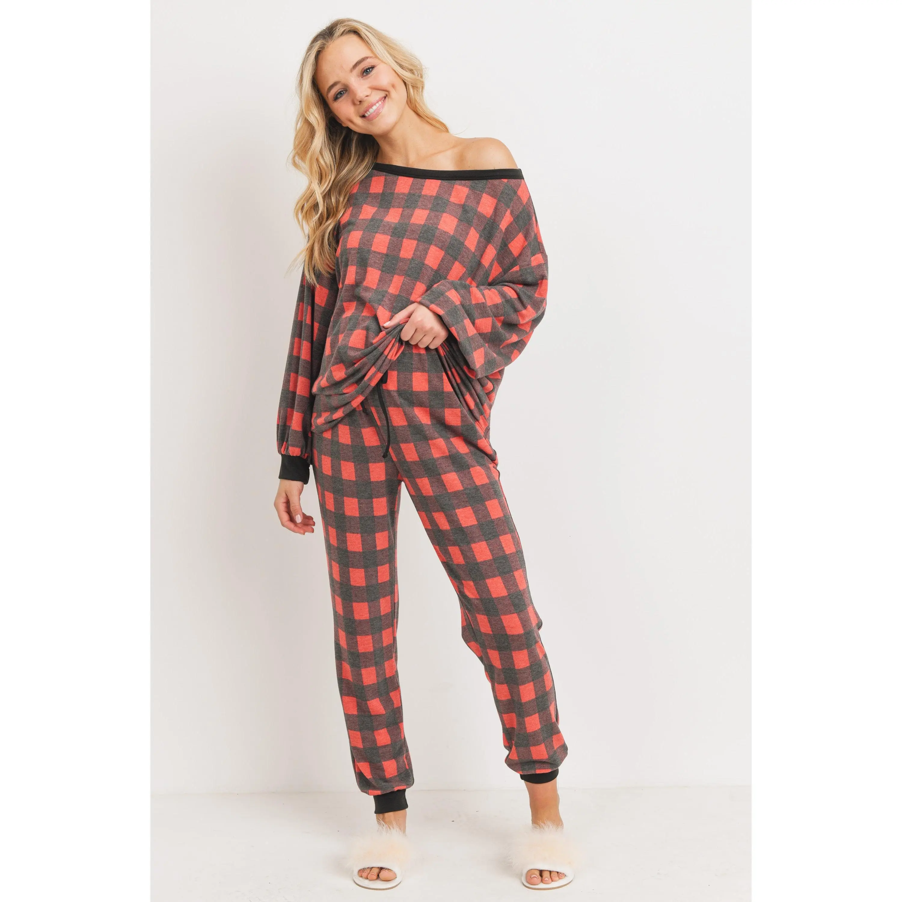 Black/Red Plaid Long Sleeve and Sweatpants Set