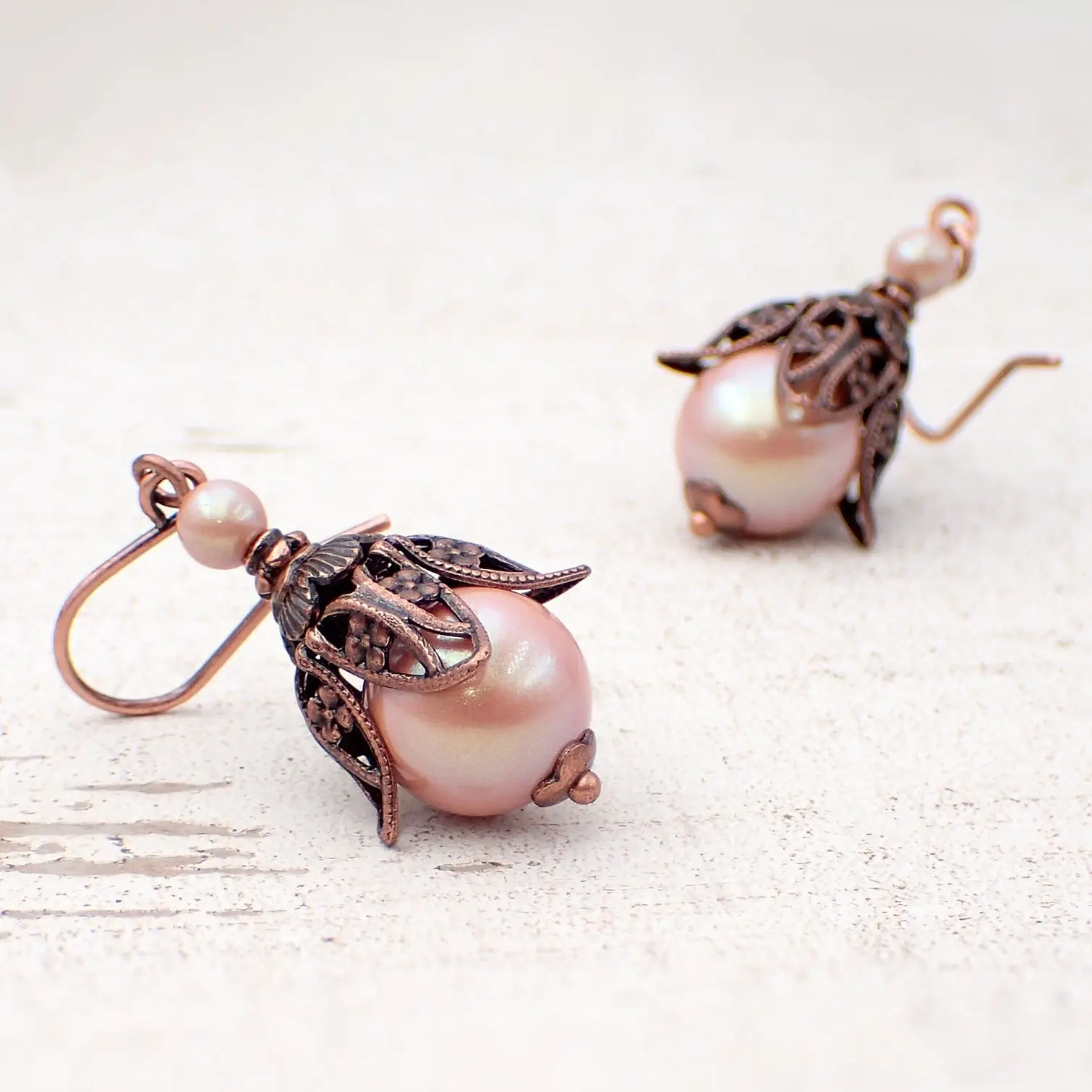 Pearlescent Pink Handmade Earrings with Victorian Style Antiqued Copper Floral Filigree