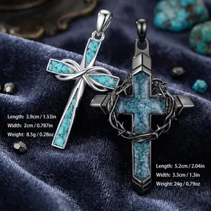 Men & Women's 2-Piece Matching Cross Necklace Set, 14K Gold-Plated Pendant with Natural Turquoise Inlay, Matte Black Thorn Crucifix Layered Christian Faith Jewelry Gift bracelet stainless steel