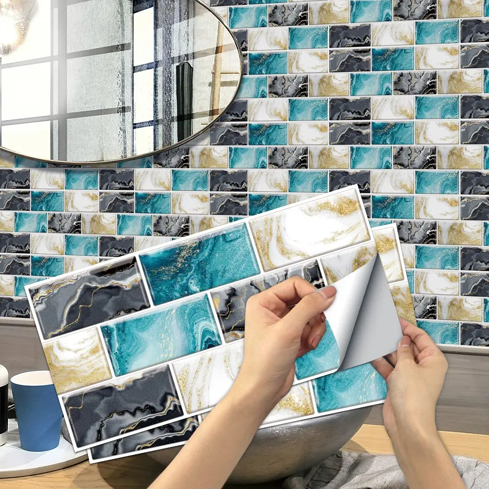 6/12/24/48 PCS FG Retro Tile Stickers Blue Gold & Black Marble Pattern PVC Crystal Film Self-Adhesive Waterproof Oil-Proof Splashback for Kitchen Bathroom Floor Tile Wood Home Decoration