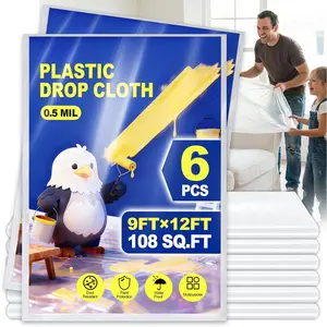 6 Pack  Plastic Drop Cloths for Painting 9x12ft,  & Dust-Proof Painters Plastic Drop Cloth, Disposable Plastic  Tarp for  Renovations & DIY Projects