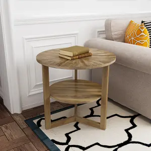 2-Tier Round Side Table | Minimalist Wood Design, Double Storage For Living Room,Scandinavian Style 2-Tier Side Table | Light Wood Tone, Elevate Your Space