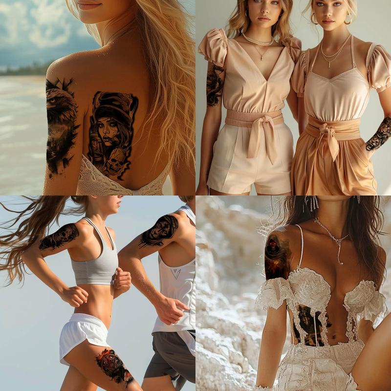 24-Pack Half Sleeve Temporary Tattoos for Adults - Realistic 3D Lion, Eagle, Skull, Jesus & Greek God Designs |   Waterproof Forearm Body Stickers for Men & Women (Gothic Style, Long Lasting)