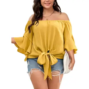 Womens Plus Size Off The Shoulder Blouse Tops Half Sleeves Tie Front Sexy Flowy Top