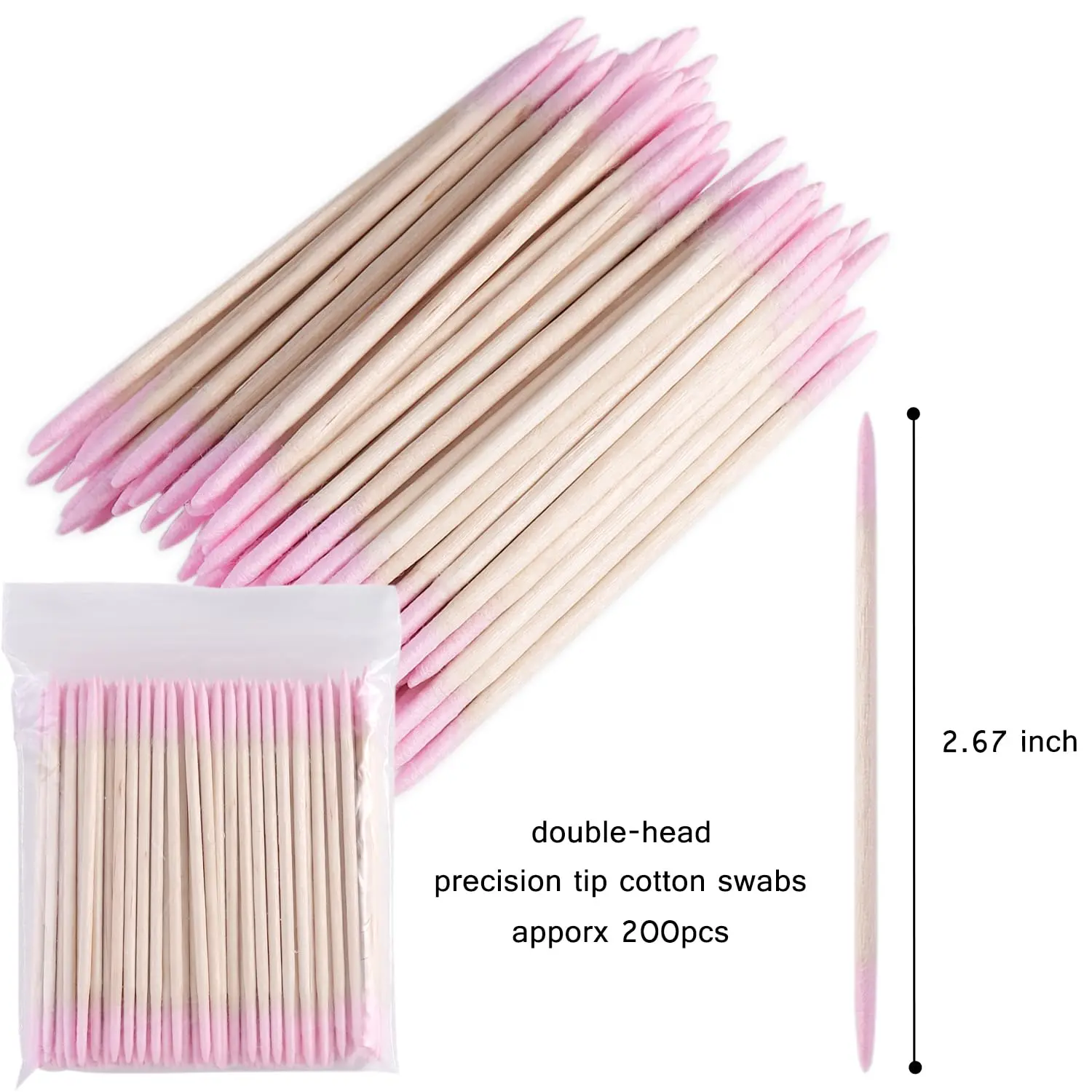 200-Piece Pack of Pointed Cotton Swabs — Pink, Double-Ended Precision Micro-Sculpting Swabs; Doubles as a Nail Polish Remover Pen, Makeup Touch-Up Tool, and Disposable Beauty Applicator.