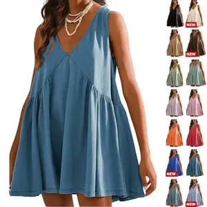 Yeokou Women's A-Line Sleeveless Mini Dress V Neck Summer Babydoll Dress Pleated Swing Flowy Beach Sundress with Pockets