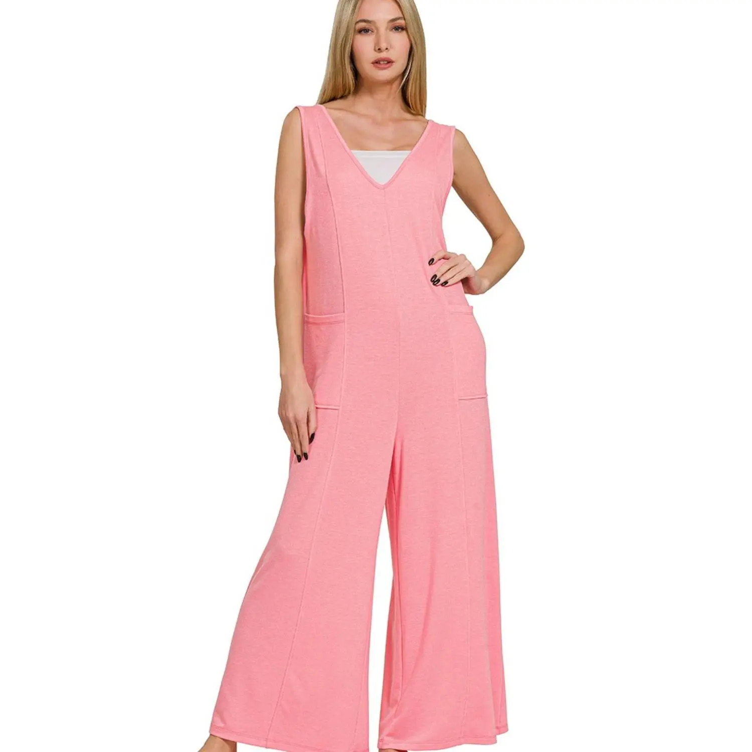 Zenana French Terry Deep V Neck Jumpsuits