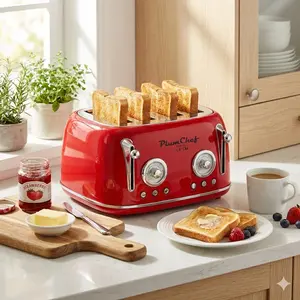4 Slice Retro Toaster, 1650W Stainless Steel Bread Toaster with 6 Browning Settings, Bagel & Defrost Functions, Dual Control, Removable Crumb Tray