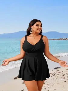 2026 New Elegant Black Plus Size 2-Piece Outfit with Wrap V-Neck Top & A-Line Skirted Bottom for Beach Vacation