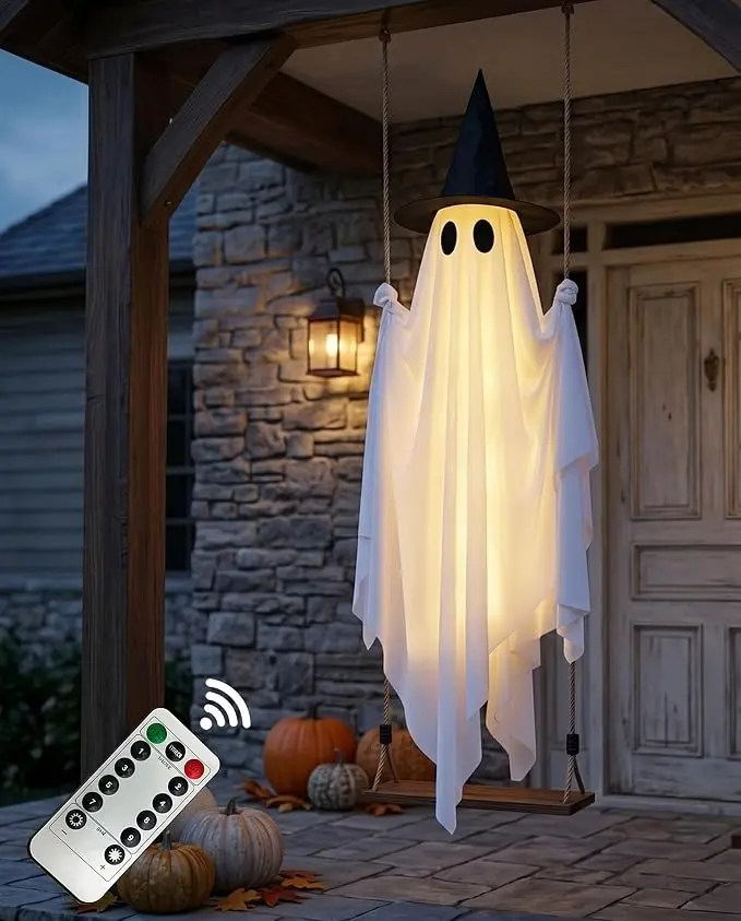 Halloween Hanging Swing Ghost Decoration with LED Lights & Remote Control, 5FT Outdoor Hanging Ghost Decor, Waterproof Lighted Ghost with Witch Hat, Timer Function, Adjustable Rope for Yard, Porch & Patio