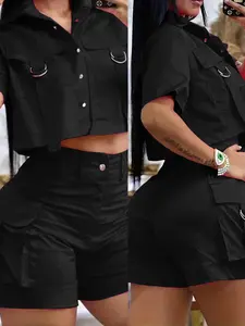Y2K Cargo, Short Sleeve Shirt + High Waist Cargo Shorts, Fashionable Loose-Fit Crop Set, All-Season Wear, Trendy Street Style