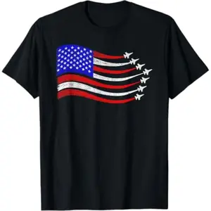 Casual T-shirt American Patriotic Fighter Jets USA Flag Waving 4th of July T-Shirt Comfy Graphic