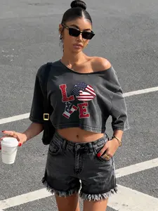 Women's Vintage Asymmetrical Crop Top Short Sleeve, Summer Casual Loose Fit, Sporty Letter Pattern, Ideal for Daily Commute and Fitness