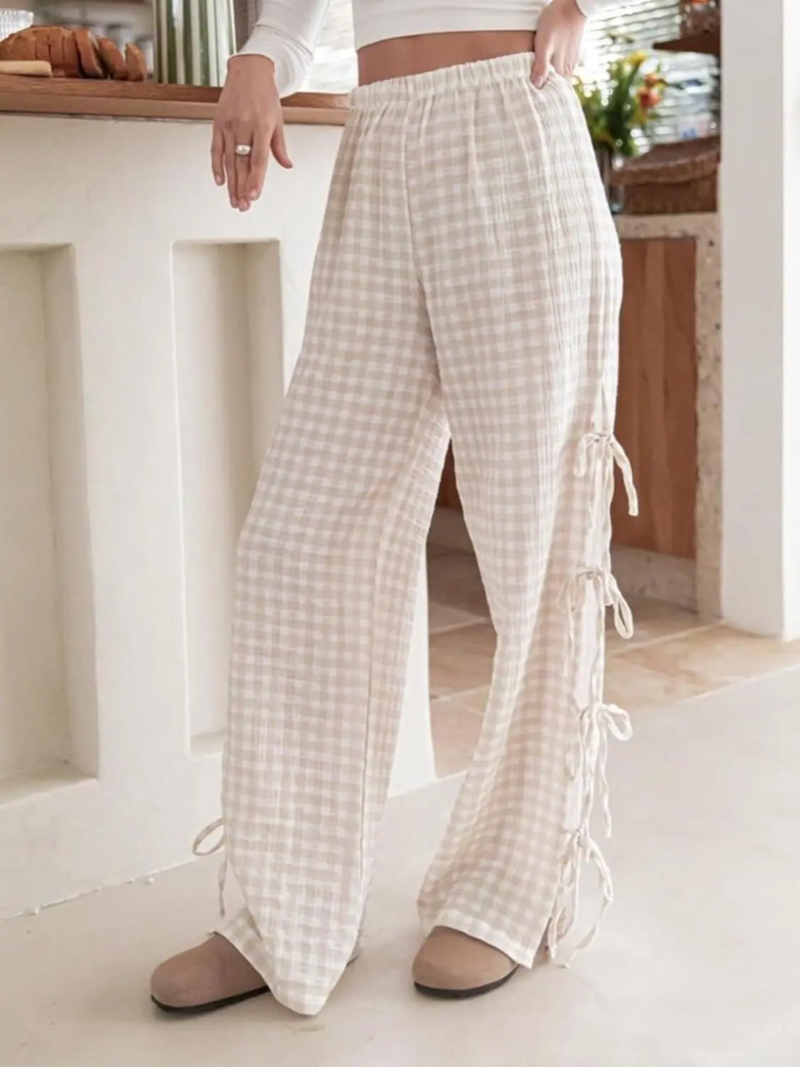 Women’s Wide Leg Pants with Side Bow Tie & Elastic Waistband