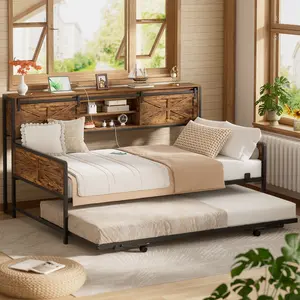 Farmhouse Twin Daybed with Pop-up Trundle Bed and Charging Station， new Heavy Duty Metal Sofa Bed Frame with Bookcase Headboard with 2 Sliding Doors