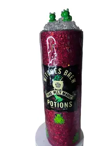 Witches Brew Potion Halloween Tumbler with Lid Topper Glittery Red Design & Frog Charms Bottle Drinkware