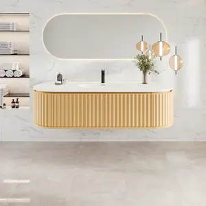 Haven 64 in. Natural Oak Wall Mount Single Sink Bath Vanity with Solid Surface Top and Integrated Sink