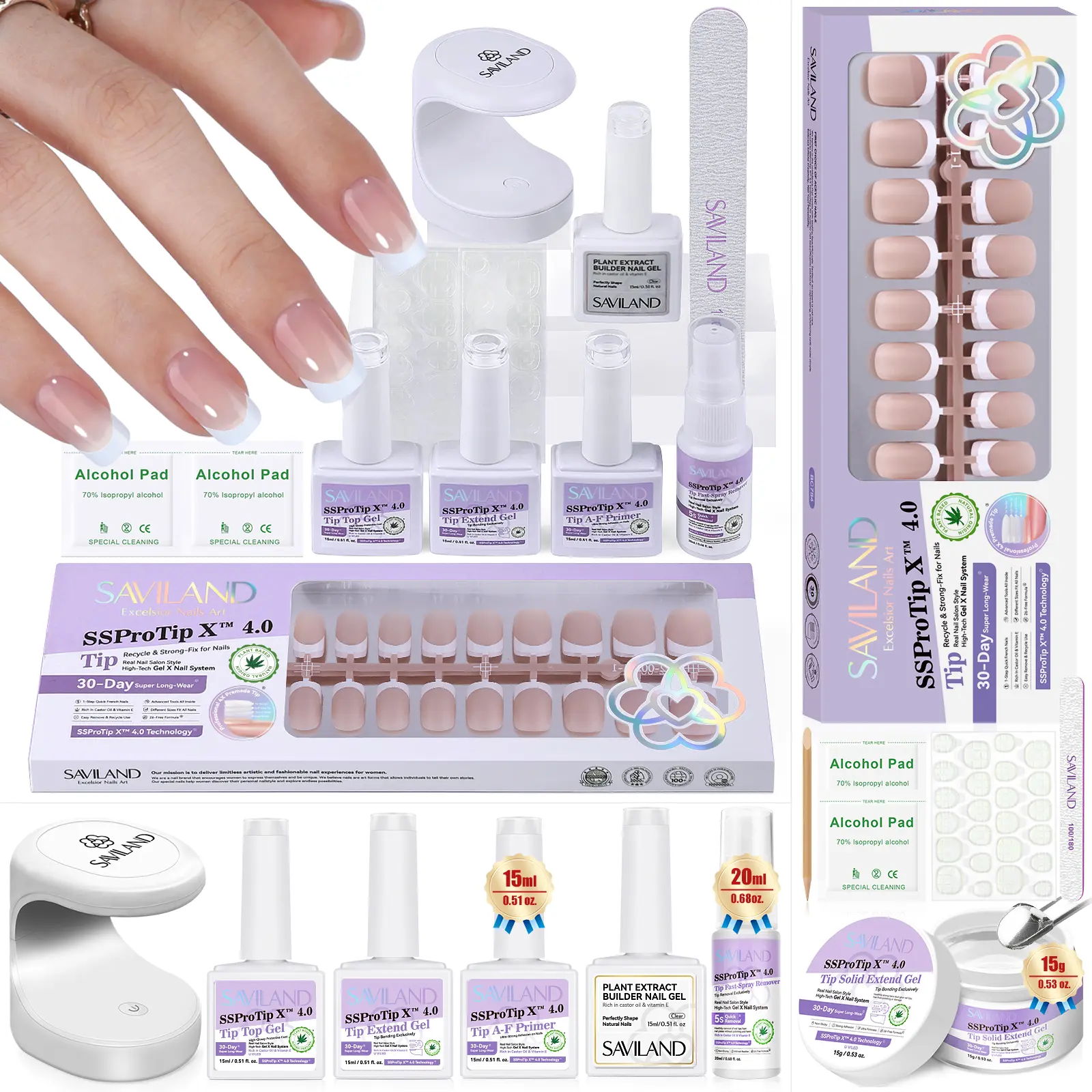 SAVILAND French Gel X Nail Kit Long-lasting Square Press-on Nails Thick Nude French Gel tips Solid Glue UV/LED lamp Sturdy-fit Nail art Nail care