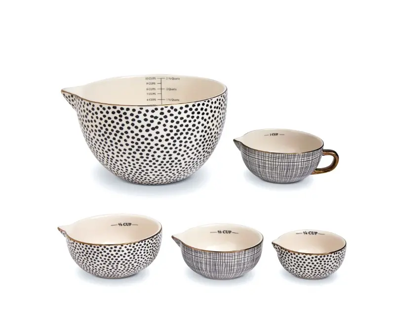 Kitchenware 5-Piece Ceramic Mixing & Measuring Bowl Set with Dot Pattern, Food-Grade Measuring Utensils for Baking Prep