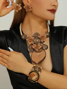 Handmade Large Size Resin Inlay Faux Jade Creative Colorblock Pattern Aluminum Wire Necklace Earrings Open Bracelet Set, Unique Jewelry Gift for Women