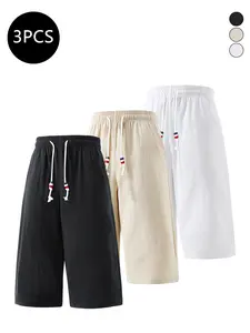 3-Pack Men’s Summer Linen/Cotton Shorts — 7/8 length, trendy, versatile high-street casual style, loose fit, suitable for fitness and running