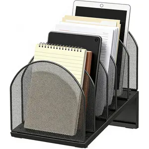 Desktop File Organizer with 5 Compartments, Paper Organizer for Desk, Workspace Organizers for Office Supplies (Black, Inclined Style)