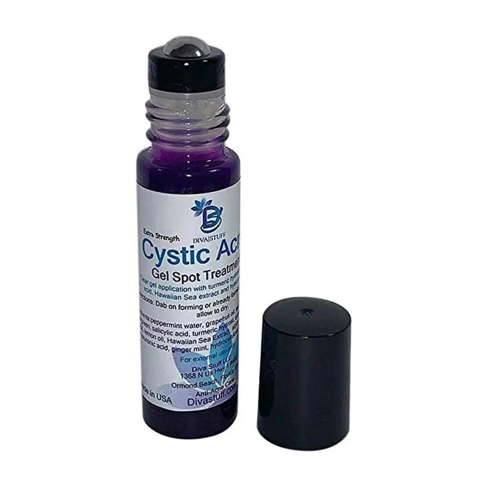 Cystic Acne Spot Treatment, Overnight Results, By Diva Stuff, For Mild to Severe Acne With Salicylic Acid, Hawaiian Sea Extract,Hyaluronic Acid, Lactic Acid & Turmeric, Roller Ball Applicator