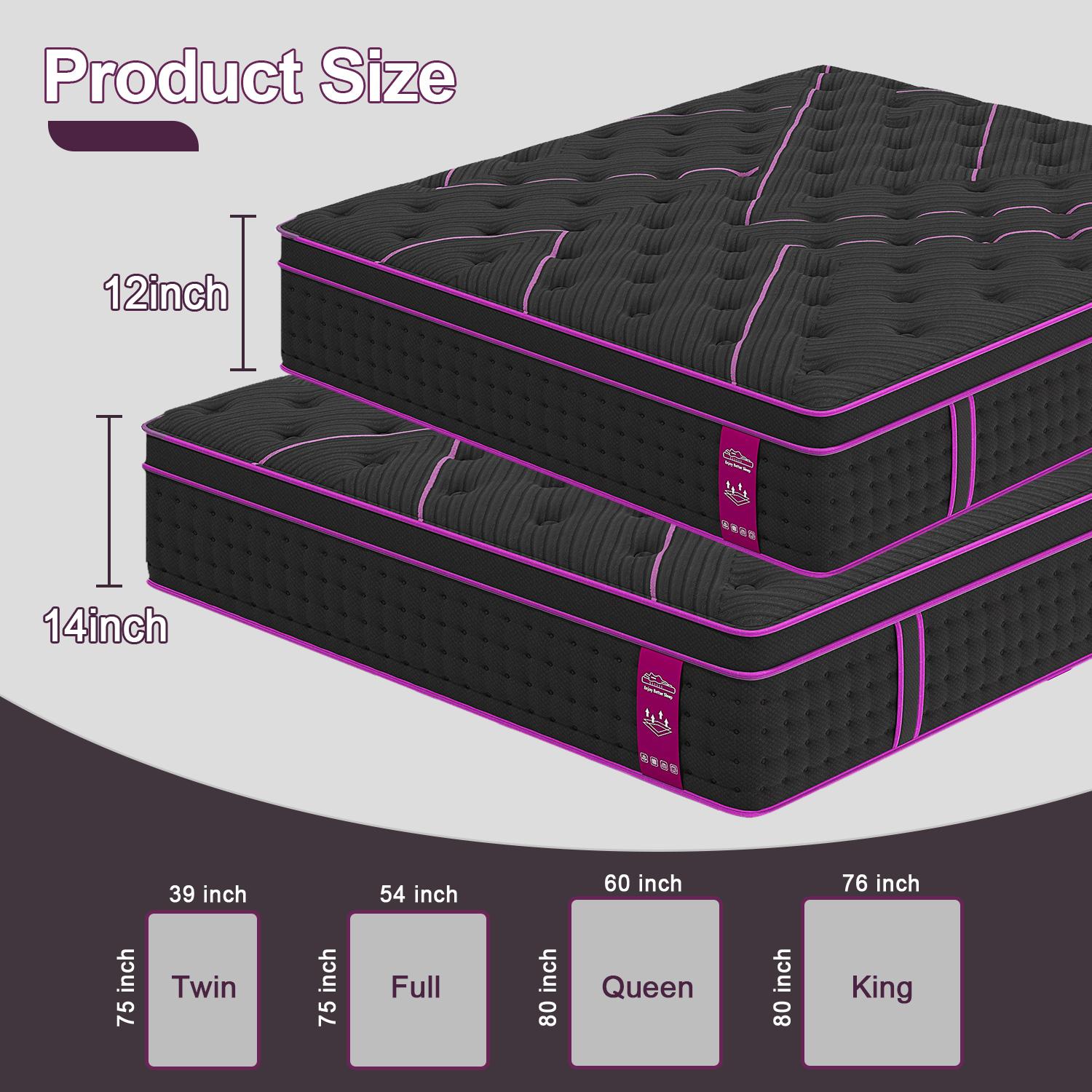 12"14" Twin Full Queen King Size Mattress in a Box Hybrid Spring Gel Memory Foam,  Euro Top Medium Firm Ergonomic Mattresses for Motion Isolation, Edge Support, 100 Night Trial