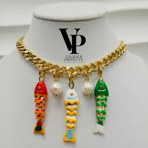 Valmaur Products Gold Plated Colorful Fish Charm Necklace – Trendy Statement Jewelry