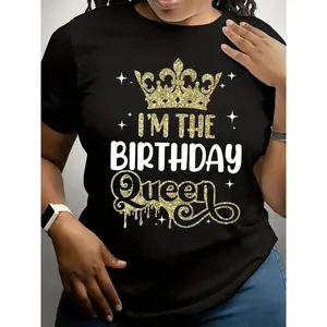 Women's "I'm The Birthday Queen" Crown Print T-Shirt - Birthday Outfit with Short Sleeve Round Neck Top, Casual Spring Summer Blouse for & Casual Attire - Machine Washable Non- Fabric