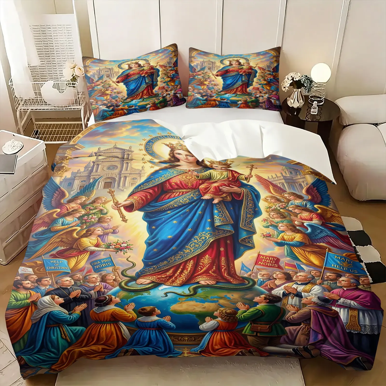 2/3Pcs Catholic Virgin Mary Angel Duvet Cover Set, Religious Christian Sacred Art Comforter Cover, Heavenly Saint Oil Painting Bedding Set with Pillowcases, No Filler, For Catholic Believers Bedroom Spiritual Decor