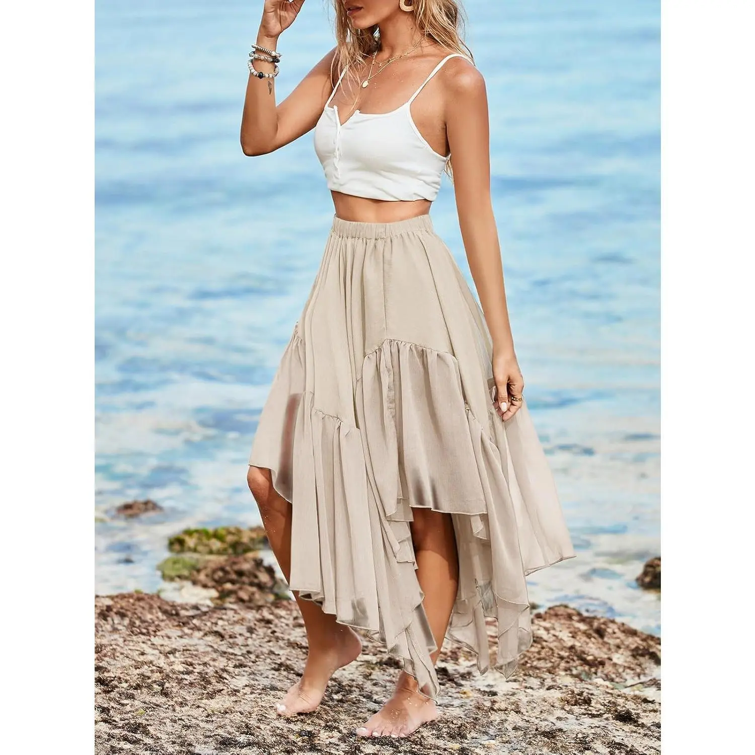 Womens Summer Boho Maxi Skirt Casual Asymmetric High-Low Hem Flowy Bohemia Long Springtok dressed up timeless breezy contemporary viral style breathable sophisticated flattering