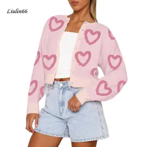 Women's Autumn Sweater Cardigan Long Sleeve O Neck Button Up Heart Print Knitwear Black Friday Womenswear Check Light Top Knitting Comfort
