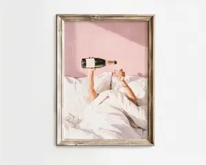 Champagne in Bed Wall Art, Funny Girly Glam Bedroom Print, Pink Feminine Aesthetic Printable Poster, Self Care Wall Decor