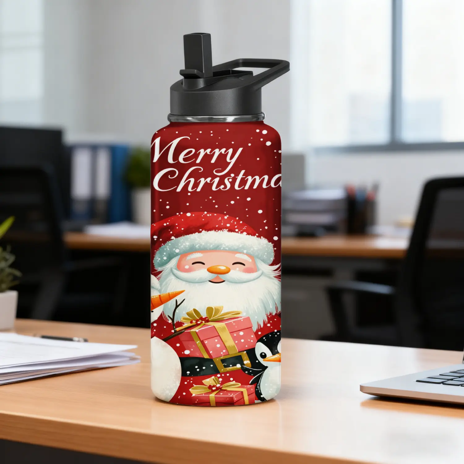 Christmas Water Bottle Red Santa Claus With Gifts And Penguin Merry Christmas Office Desk Use