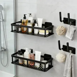 Shower, Self-Shelves Basket, 2 Pack Large Capacity Shower Shelve with Hook Rack, No Drilling Organizers and for Home (4, Black)