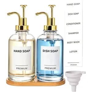 Dish Soap Dispenser for, Hand Soap Dispenser Set with Pump, Tray, Funnel for, Shower, Laundry, Liquid, (Gold 2 Pack 18 Oz Clear with 12 Stickers)